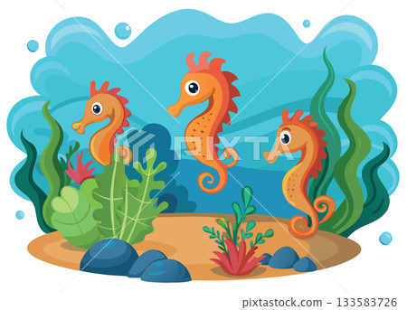 Three seahorses swimming gracefully in the ocean depths- Three seahorses swimming gracefully in the ocean depths- 133583726