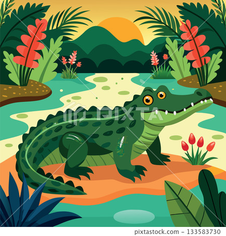 Happy crocodile relaxing near tropical river at sunset Happy crocodile relaxing near tropical river at sunset 133583730