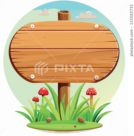 Empty wooden sign standing on grass with mushrooms and blue sky background Empty wooden sign standing on grass with mushrooms and blue sky background 133583733