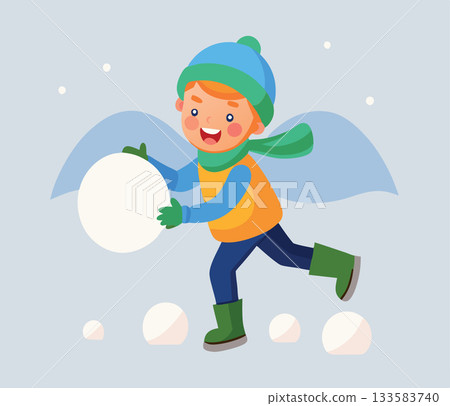 Happy child running and carrying a giant snowball for a snowball fight Happy child running and carrying a giant snowball for a snowball fight 133583740