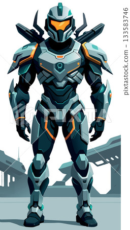 Futuristic soldier standing guard in desolate landscape 133583746