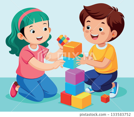 Happy children playing and building with blocks Happy children playing and building with blocks 133583752