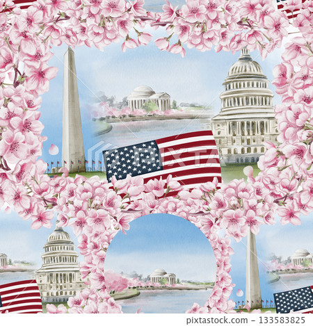 A seamless pattern with American landmarks. Washington, D.C., and the cherry blossom festival. Pink flowers and the US flag. Watercolor illustration, hand-drawn. High quality illustration A seamless pattern with American landmarks. Washington, D.C., and the cherry blossom festival. Pink flowers and the US flag. Watercolor illustration, hand-drawn. High quality illustration 133583825