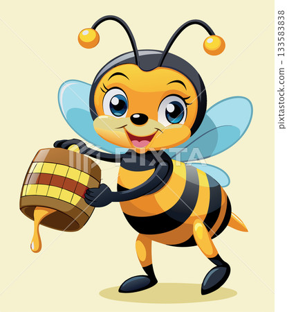 Happy cartoon bee holding honey barrel and smiling Happy cartoon bee holding honey barrel and smiling 133583838