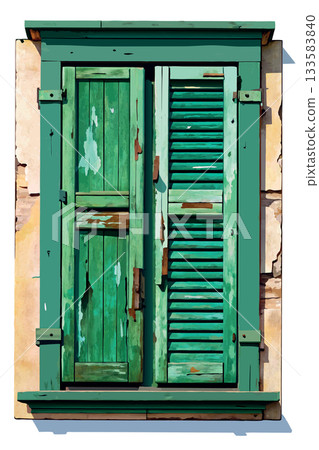 Old rustic window with peeling green paint and shutters Old rustic window with peeling green paint and shutters 133583840