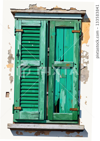 Old rustic window with peeling green paint and shutters Old rustic window with peeling green paint and shutters 133583841
