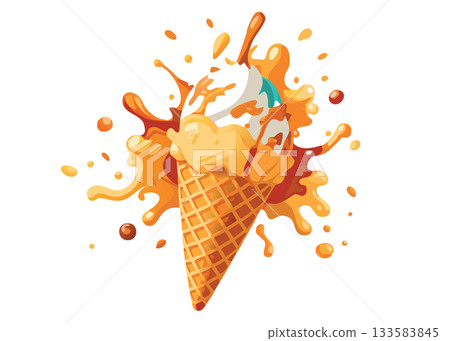 Ice cream scoops falling in waffle cone with splashing caramel sauce- Ice cream scoops falling in waffle cone with splashing caramel sauce- 133583845