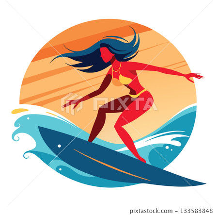 Silhouette of woman surfing on wave at sunset- 133583848