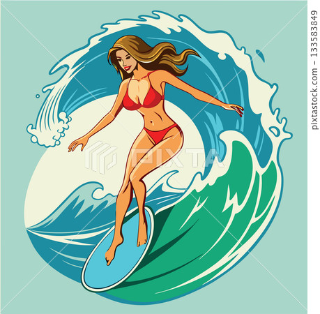 Silhouette of woman surfing on wave at sunset- Silhouette of woman surfing on wave at sunset- 133583849