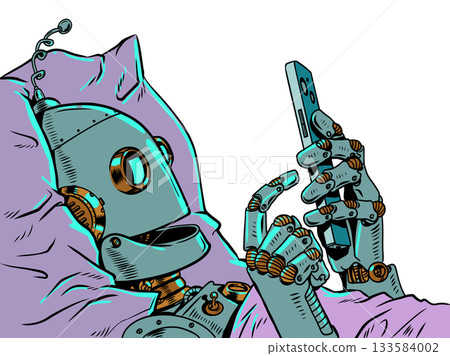 Pop Art Retro A robot in bed staring at a phone screen. The issue of personal data and information security. Selecting recommendations for users and clients. Pop Art Retro A robot in bed staring at a phone screen. The issue of personal data and information security. Selecting recommendations for users and clients. 133584002