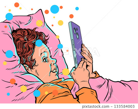 Pop Art Retro A child staring at a phone in bed. Parenting and the dangers of technology. Children's emotions about mobile phones at night. 133584003