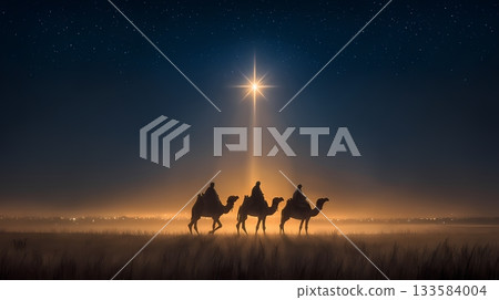 Epiphany. Three kings with camels walking through the desert Epiphany. Three kings with camels walking through the desert 133584004