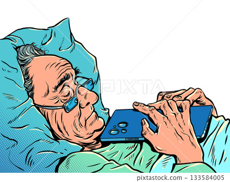 Pop Art Retro An elderly man sleeps with a phone. Communication and connection with adult relatives. Online data security on a mobile phone. Pop Art Retro An elderly man sleeps with a phone. Communication and connection with adult relatives. Online data security on a mobile phone. 133584005