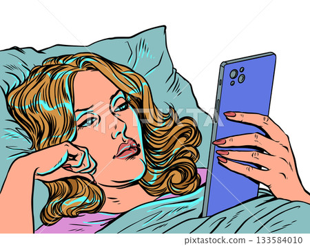 Pop Art Retro A woman in bed staring at her phone. Technology and internet addiction. Special offers and promotions for clients. 133584010