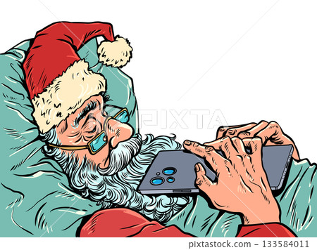 Pop Art Retro Santa Claus sleeps with his phone. New Year's Eve and the anticipation of the holidays. Special offers and promotions for Christmas gifts. 133584011