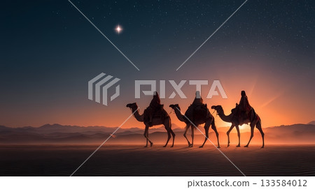 Epiphany. Three kings with camels walking through the desert 133584012