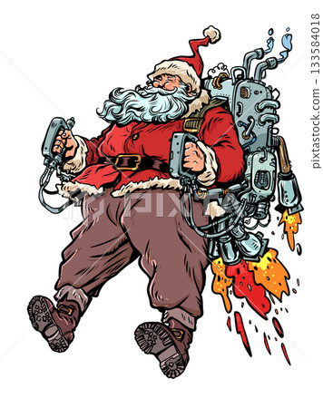 Pop Art Retro Santa Claus flies on his backpack. New Year and Christmas are approaching with Santa Claus. Discounts on New Year's holidays and gifts. Pop Art Retro Santa Claus flies on his backpack. New Year and Christmas are approaching with Santa Claus. Discounts on New Year's holidays and gifts. 133584018