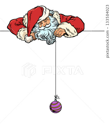 Pop Art Retro Santa Claus holding a Christmas tree bauble on a string. Celebrate the approach of Christmas and New Year with Santa Claus. Find discounts on New Year's holidays and gifts. 133584023