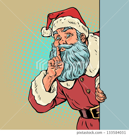 Pop Art Retro Santa Claus gives the be quiet sign. New Year s sales, promotions, and discounts. Santa Claus s secrets and the New Year s spirit. 133584031