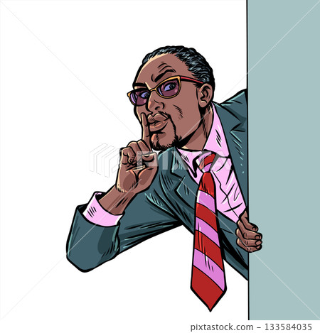 Pop Art Retro A businessman gives a sign to keep quiet. A secret for business and work. Concealing personal data and confidentiality. Pop Art Retro A businessman gives a sign to keep quiet. A secret for business and work. Concealing personal data and confidentiality. 133584035