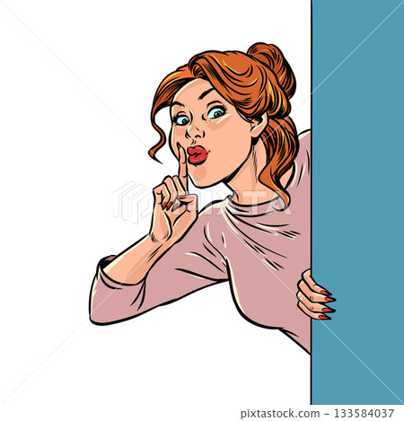 Pop Art Retro A woman is giving a sign to be quiet. A profitable, secretive business proposition. Keeping a secret or hiding something. 133584037