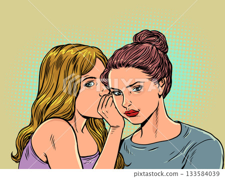 Pop Art Retro Dialogue between women in secret. Women whisper looking straight ahead. Rumors and gossip behind the back. 133584039