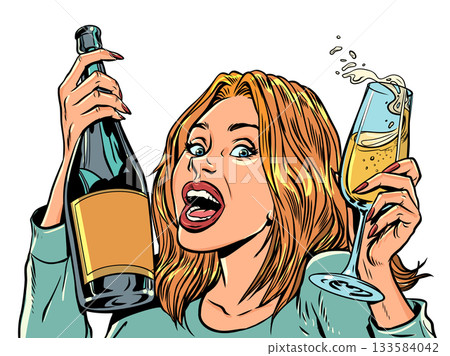 Pop Art Retro Woman rejoices with alcohol and glass. Invitation to an event to celebrate. Advertisement of a club and party. Pop Art Retro Woman rejoices with alcohol and glass. Invitation to an event to celebrate. Advertisement of a club and party. 133584042
