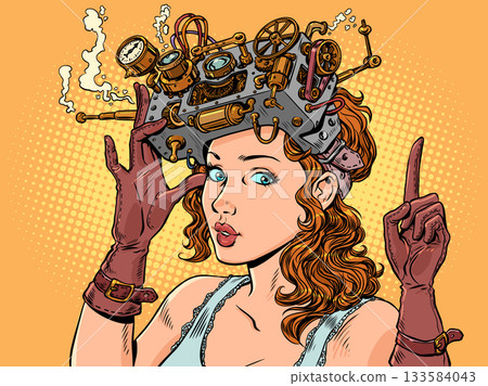Pop Art Retro Steampunk future and technology. Woman in VR glasses. Scientific progress with new mechanisms. 133584043