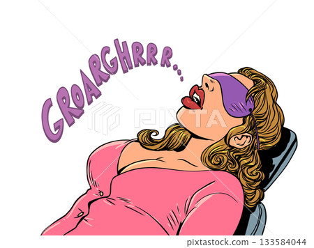Pop Art Retro A woman sleeps loudly and snores. Laziness at work. Inattention of business employees. 133584044