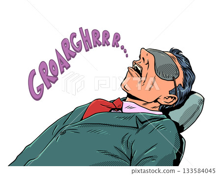 Pop Art Retro The man sleeps loudly and snores. Laziness at work. Inattention of business employees. 133584045