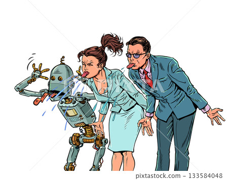Pop Art Retro People and robot stick out their tongues together. Problems in the labor market. A company of scammers. 133584048