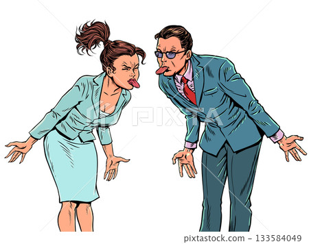 Pop Art Retro People stick out their tongues at each other. Problems at work and in a team. Conflict in business. Pop Art Retro People stick out their tongues at each other. Problems at work and in a team. Conflict in business. 133584049