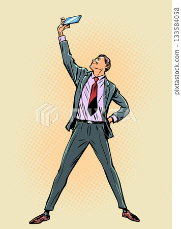 Pop Art Retro A man in a suit takes a photo of himself. Achieving success in business. Career growth and finding motivation. Pop Art Retro A man in a suit takes a photo of himself. Achieving success in business. Career growth and finding motivation. 133584058