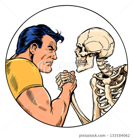 Pop Art Retro Death and man fight each other. Arm wrestling between opposites. Taking care of your health and body limits. Pop Art Retro Death and man fight each other. Arm wrestling between opposites. Taking care of your health and body limits. 133584062