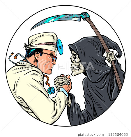 Pop Art Retro Death and the doctor fight each other. Arm wrestling between opposites. Protecting the patient's health. 133584063