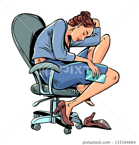 Pop Art Retro A woman sleeps on a chair in the office. Overtime at work leads to sleepiness. The company employee is resting. 133584064