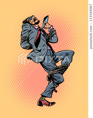 Pop Art Retro Smartphone addiction and control. Control of humanity by technology. Man tied with ropes to phone. 133584067