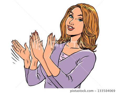 Pop Art Retro Woman clapping her hands. Congratulations on success. Human hand movement. 133584069