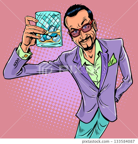 Pop Art Retro Businessman holding a glass of whiskey. Gesture of showing success. Rich luxury man raising a toast. 133584087