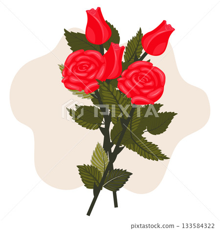 A bouquet of bright red roses on a long stem against a light beige background. 133584322