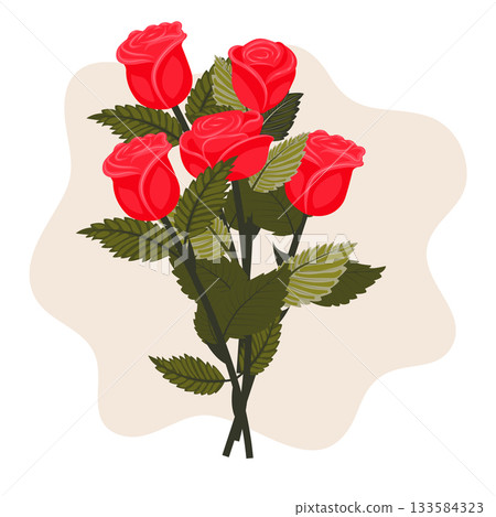 A bouquet of bright red roses on a long stem against a light beige background. 133584323