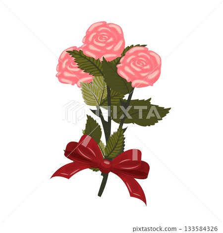 A bouquet of light pink roses tied with a red ribbon. A set of three lush flowers. Vector illustration on a white background. A bouquet of light pink roses tied with a red ribbon. A set of three lush flowers. Vector illustration on a white background. 133584326