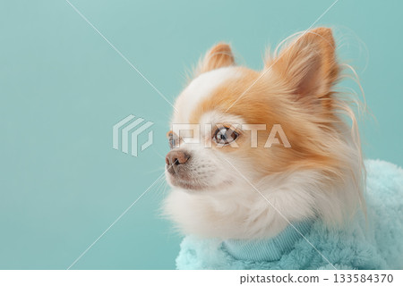 Chihuahua dog in clothes on a blue background. 133584370