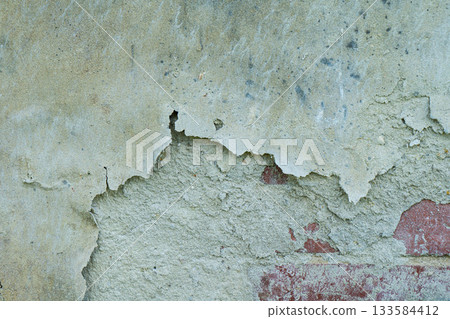old brick wall, red and white colour, broken bricks, peeling plaster, vintage texture, background for banner, copy space 133584412