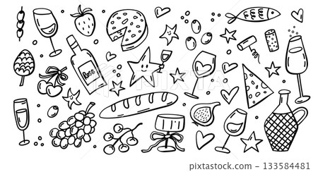 Wine and snacks doodle set with glasses cheese and grapes Wine and snacks doodle set with glasses cheese and grapes 133584481