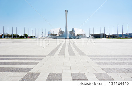 ADLER, SOCHI, RUSSIA - April 26, 2019: Fisht Stadium and torch at Sochi Olympic Park 133584490