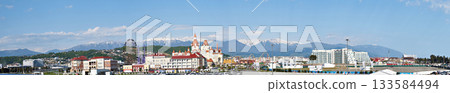 ADLER, SOCHI, RUSSIA - April 26, 2019: Panorama of hotel BOGATYR in Sochi Park 133584494