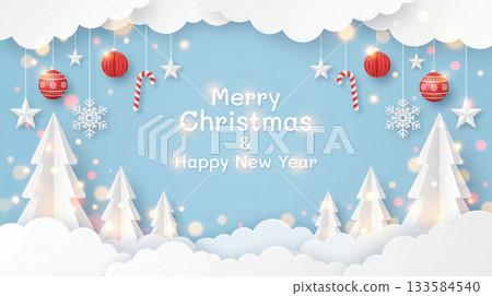 Festive winter scene featuring paper Christmas trees, ornaments, and snowflakes, creating a joyful holiday atmosphere 133584540