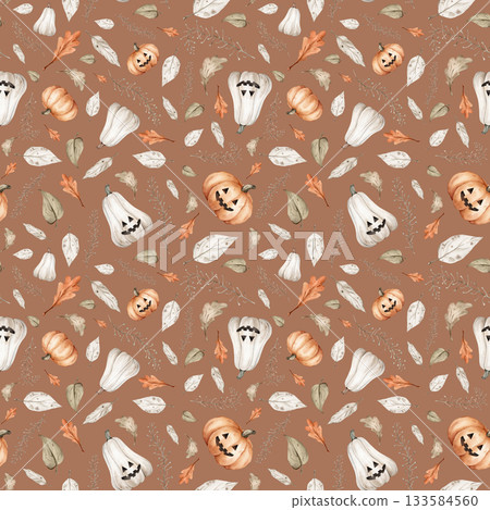 This Halloween pattern with various iconic elements fall leaves and pumpkins. Seamless background perfect for use in textiles, wallpapers, and festive decorations with watercolor autumn leaves This Halloween pattern with various iconic elements fall leaves and pumpkins. Seamless background perfect for use in textiles, wallpapers, and festive decorations with watercolor autumn leaves 133584560