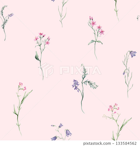 Watercolor seamless pattern white background - illustration with green leaves, pink blue purple buds and branches. Wildfield herbs flowers. Wedding invites, fashion, prints, backgrounds. Wildflowers Watercolor seamless pattern white background - illustration with green leaves, pink blue purple buds and branches. Wildfield herbs flowers. Wedding invites, fashion, prints, backgrounds. Wildflowers 133584562